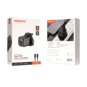 PORODO PD 20W USB QC3.0 UK FAST CHARGER WITH C CABLE -BLACK